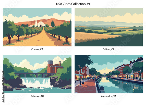 Corona, CA, Salinas, CA, Paterson, NJ, Alexandria, VA Flat Vector Poster Collection