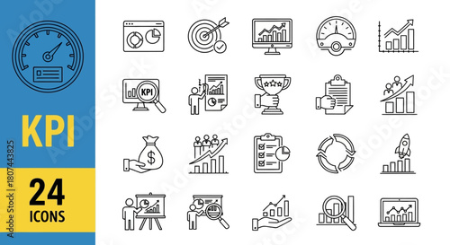 Collection of 24 Key Performance Indicator icons for business and finance, presented in a clean, modern line art style