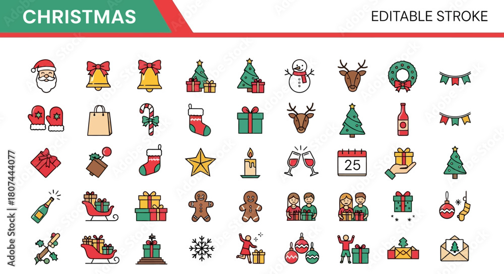 Naklejka premium Festive Christmas Icons A Colorful Collection of Holiday Symbols and Decorations for Seasonal Design