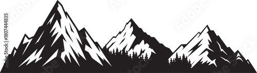 Black and white mountain range silhouette with pine forest vector illustration