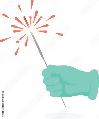 A gloved hand holds a sparkling festive sparkler, emitting bright celebratory bursts of light