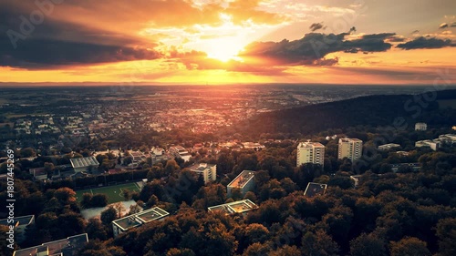 Amazing sunset over scenic European town surrounded by nature. Panning footage of vibrant orange sky with the sun and clouds over the city of Heidelberg, Germany