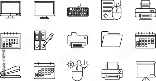 Office and productivity line icon set. Vector pictograms of monitor, keyboard, mouse, printer, file folder, calendar, stapler, whiteboard, thin linear illustration.