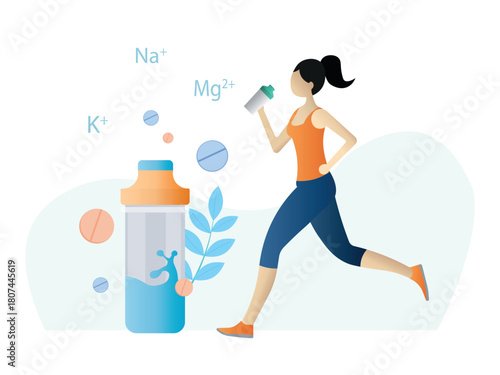 Woman running hydrating with sports nutrition supplement drink