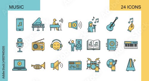Dynamic Set of Thin Line Music and Audio Icons for Digital Media, Featuring Instruments, Sound Equipment, and Entertainment Technology