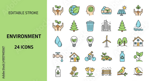 Environmental conservation and sustainability icon set with trees, plants, and renewable energy symbols