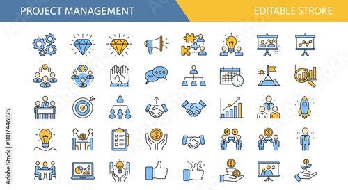 A sleek line icon collection for business strategy, project management, and corporate teamwork