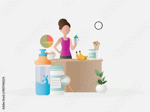 Woman preparing sport nutrition supplements and healthy food