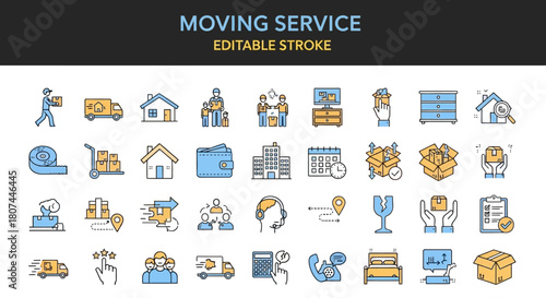 Sleek line icon collection representing moving services, relocation, and logistics. Vector set for home and office moving concepts