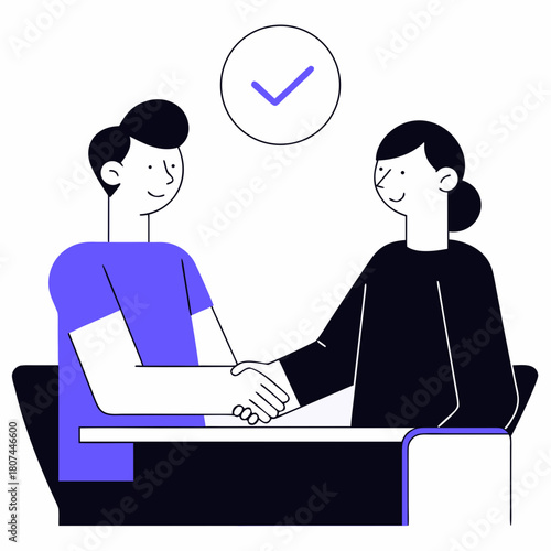 Handshake Agreement Illustration: A modern illustration captures the essence of a deal done with two individuals shaking hands, symbolizing agreement and successful business partnership. 