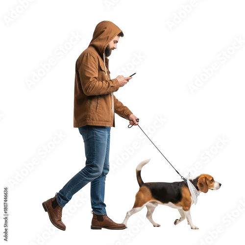 Man walking a beagle dog isolated on transparent background