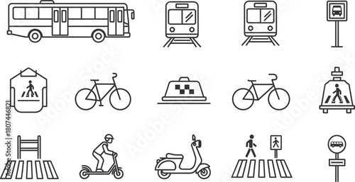 Public transit and urban travel line icon set. Vector pictograms of bus, subway train, taxi, bicycle, scooter, crosswalk, bus stop sign, thin linear illustration.