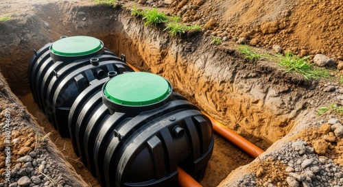A newly installed septic tank sits in a trench, ready to manage wastewater efficiently, showcasing modern sanitation technology and its role in environmental protection and public health