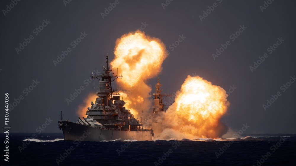 Obraz premium Naval battleship firing its cannons with large explosions of fire and smoke during a military exercise at sea signifying power and defense.
