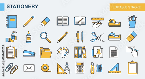 Sleek and modern line art icon collection featuring a comprehensive array of essential stationery and office supplies for business and creative projects