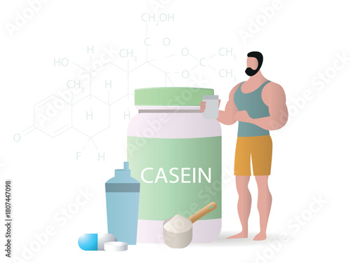 Bodybuilding man using casein protein supplement for fitness
