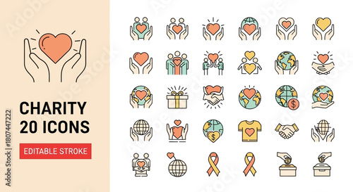 Collection of 20 charity and donation icons, symbolizing love, support, and humanitarian aid with editable stroke lines