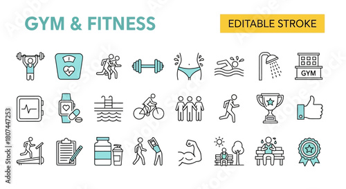 Gym and Fitness Editable Stroke Line Icons for Healthy Lifestyle