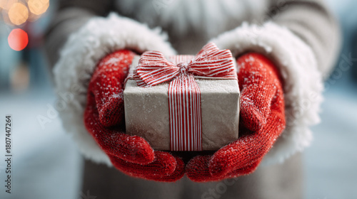 close-up of hands wearing red Santa gloves holding a small wrapped gift, background softly blurred.