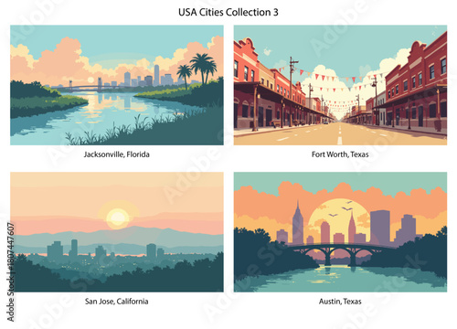 Jacksonville, Florida, Fort Worth, Texas, San Jose, California, Austin, Texas Flat Vector Poster Collection