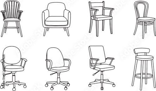 Collection of diverse chair styles in a minimalist black and white design