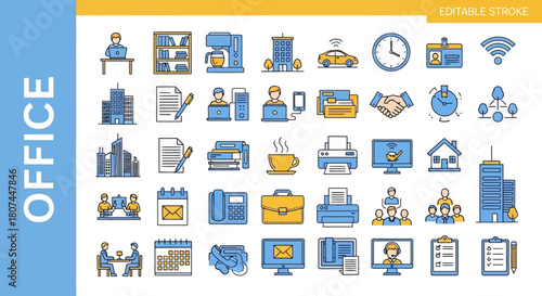 Extensive collection of modern business and office icons designed in a sleek line art style with vibrant color accents, ideal for corporate presentations and digital interfaces