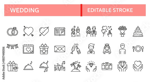 A comprehensive set of sleek line icons for marriage ceremonies and romantic celebrations, featuring customizable strokes for design projects