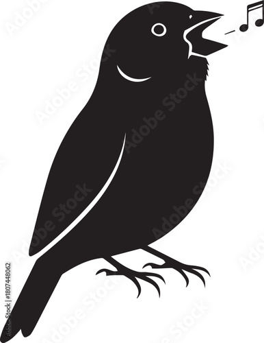 Chirping sparrow silhouette sings a song with musical notes in the air