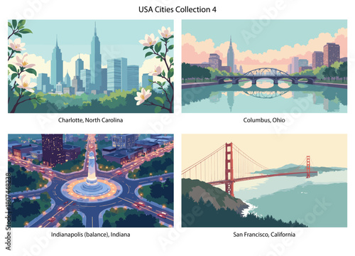 Charlotte, North Carolina, Columbus, Ohio, Indianapolis (balance), Indiana, San Francisco, California Flat Vector Poster Collection