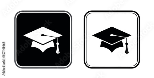 Two graduation caps, one in black with white silhouette and one in white with black silhouette, symbolizing education and achievement.