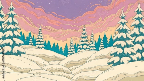 Colorful Winter Forest Illustration with Snowy Trees, Soft Rolling Drifts, and Vibrant Sunset Sky Artwork