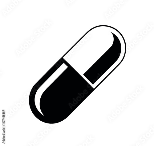 A simple, bold black and white graphic illustration of a single medical capsule against a white background.