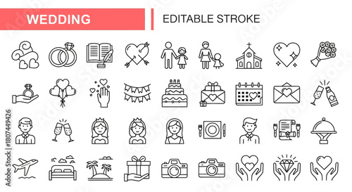 Sleek line icon collection featuring wedding and marriage symbols. This set includes editable stroke icons for ceremony, reception, love, and honeymoon