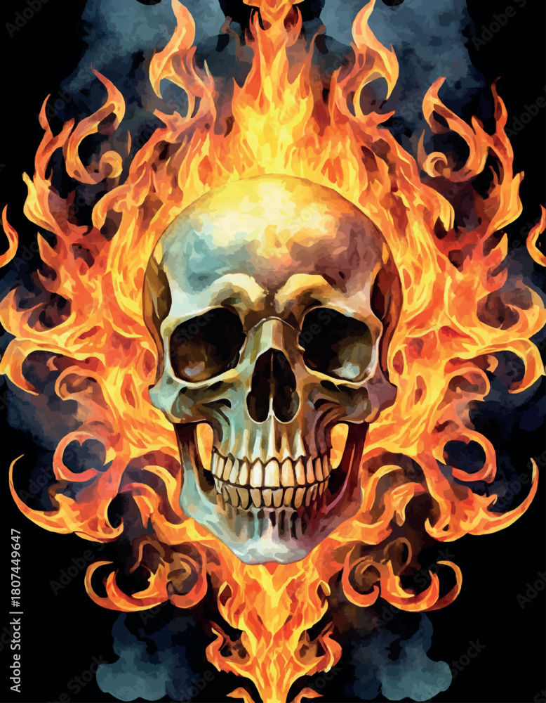 Obraz premium Skull burning in fire, hellfire, watercolor work.