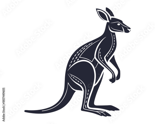 A dark, stylized illustration of a kangaroo standing upright, showcasing its distinctive silhouette and musculature with white line details
