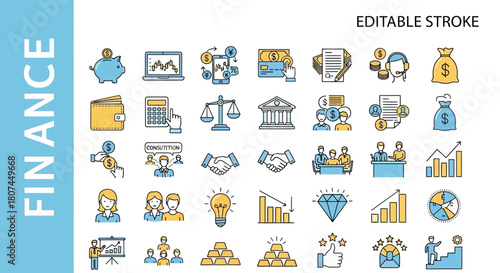 A comprehensive collection of sleek line icons representing business, investment, and financial management concepts