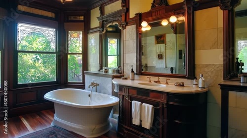 A luxurious vintage Queen Anne bathroom featuring a freestanding bathtub, ornate wooden cabinetry, large windows with natural light, and elegant decor