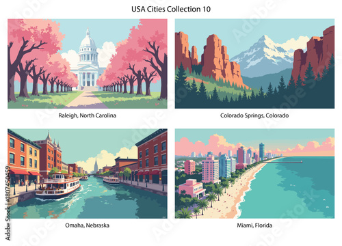 Raleigh, North Carolina, Colorado Springs, Colorado, Omaha, Nebraska, Miami, Florida Flat Vector Poster Collection