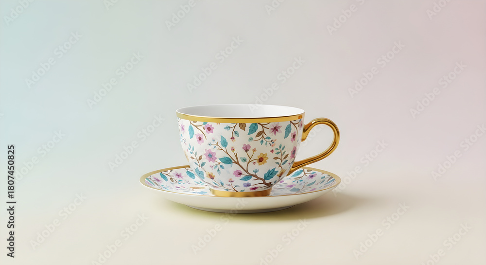 Fototapeta premium Floral teacup and saucer isolated on white background