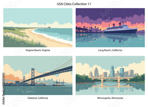 Virginia Beach, Virginia, Long Beach, California, Oakland, California, Minneapolis, Minnesota Flat Vector Poster Collection