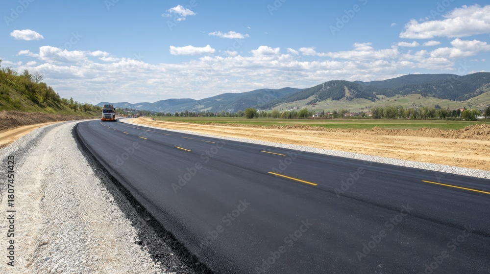 Naklejka premium Freshly paved highway stretches through scenic countryside with rolling hills and clouds above.