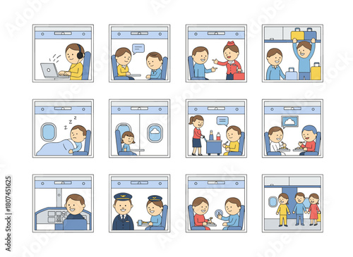 Passengers fly, accompanied by crew, while tourists carry bags and phones; stewardesses provide services throughout the flight, creating a plane salon scene illustrated in flat vector style