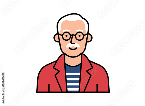 A stylized portrait of an elderly man, gray-haired with a mustache and glasses, presented as a faceless avatar in a modern poster style, rendered in flat vector illustration