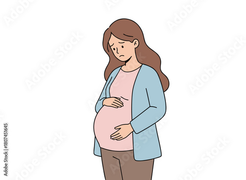 A sorrowful young woman or an unhappy pregnant teenage girl stands alone against a white backdrop, highlighting the social issue of adolescent pregnancy and depicting an immature mother in a vibrant