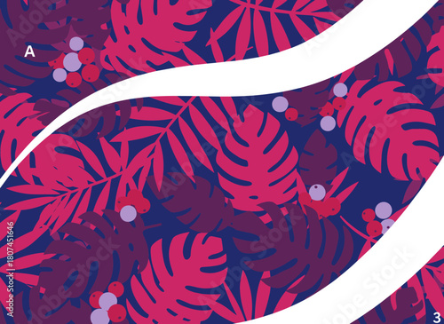 A stylish, horizontally oriented background featuring gradient-colored lush tropical plants, exotic leaves or jungle foliage, with a space for text—an updated botanical vector illustration suitable