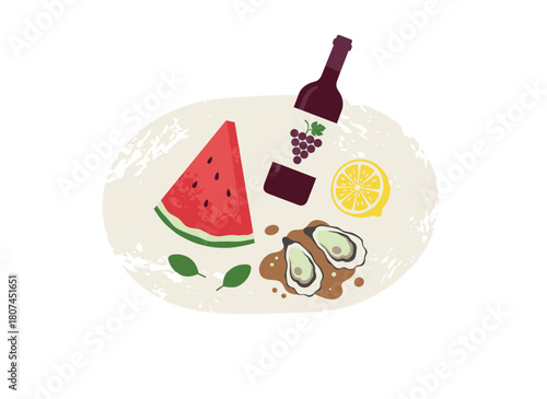 A flat vector illustration of an oyster dish accompanied by a wine bottle, featuring Mediterranean cuisine, a seafood delicatessen, and a square card, with fresh, delicious gourmet seafood, lemon