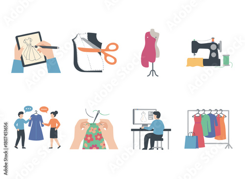 Clothing and footwear design involves a team of designers who create, construct, and sew fashion collections, sketch dresses, take measurements, and cut fabric, illustrated as a flat vector image on