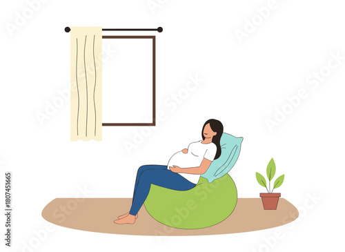 A pregnant woman with a belly does breathing exercises on a fitness ball, practicing prenatal yoga to ease back pain and contractions, shown as a flat vector illustration on a white background