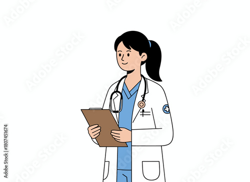A female general practitioner in a medical coat holds a clipboard, standing with documents in hand, depicted as a flat vector illustration on a white background