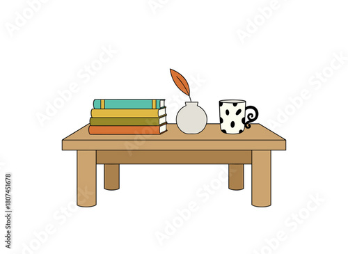 A wooden rectangular coffee table featuring a vase, books, and magazines, styled for modern Scandinavian interior design, presented as a flat vector illustration on a white background